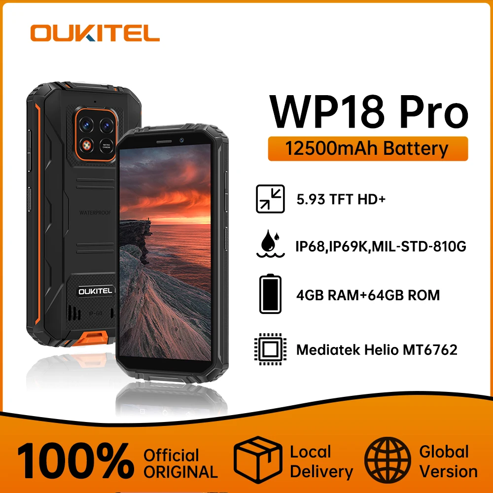 OUKITEL WP18 Pro IP68 Ponsel Kasar MTK6762 Android 12 Ponsel Pintar 4GB + 64GB 5.93 "HD + Tampilan Ponsel Kamera 13MP 12500MAh NFC