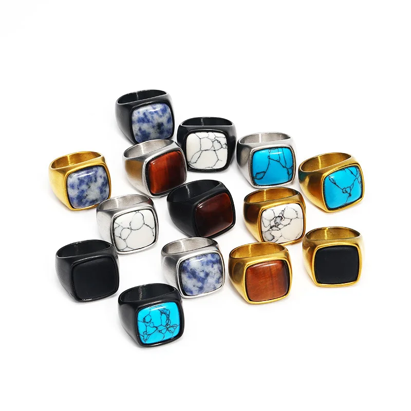 

Hip Hop Rock Solid Titanium Steel Natural Stone Ring Geometric Square Men Signet Rings for Man Rapper Jewelry Drop Shipping