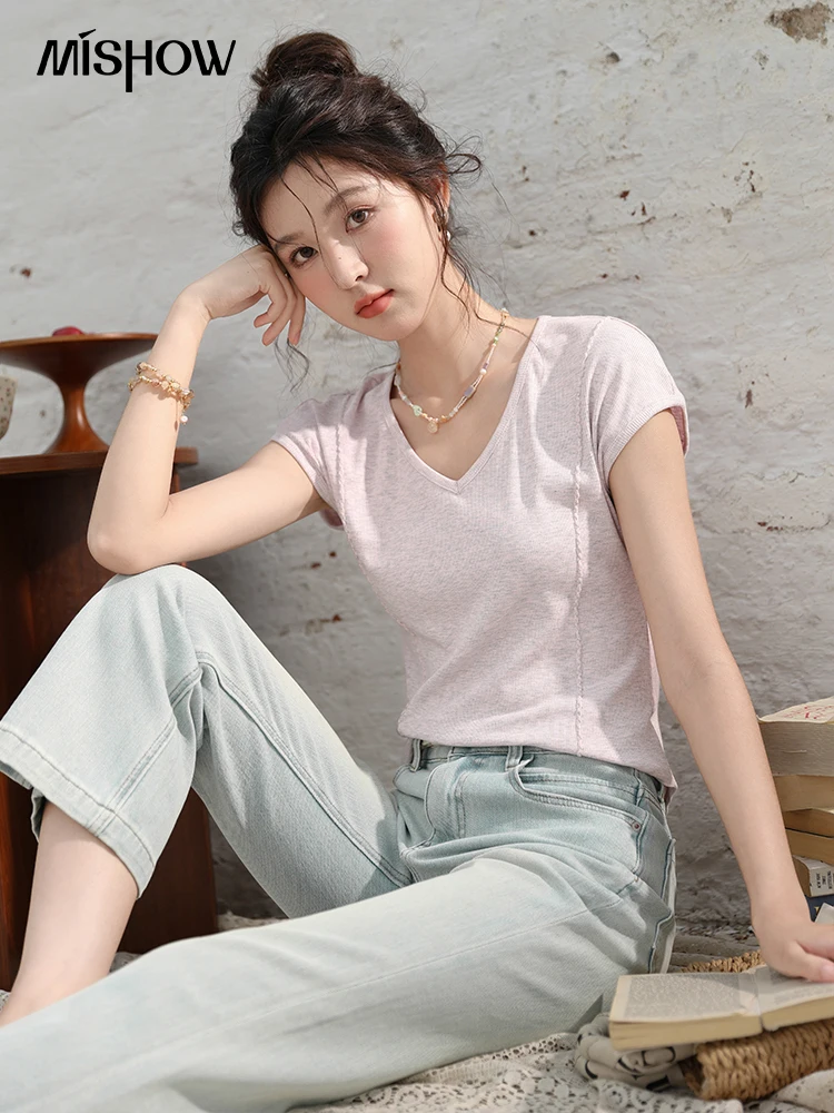 MISHOW V Neck Knitted T-shirt for Women 2024 Summer Slim Solid T-shirt Casual Female Short Sleeved Tops Office Lady MXD26T0341