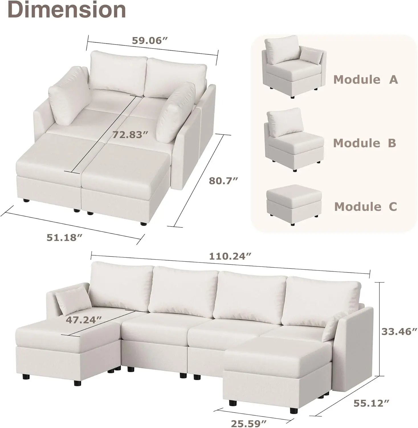 Modular Sectional Sofa, 6 Seat Modular Couch With Storage, Memory Foam, Convertible Sectional Couches For Living Room, U Shaped