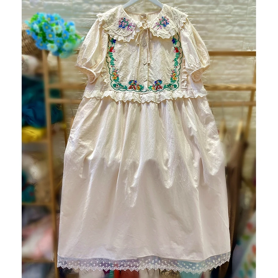 

Women Vintage Cotton Eyelet Lace Floral Embroidery Midi Dress Mori Girl Cottage Core Retro Shabby Chic Evening White Long Dress