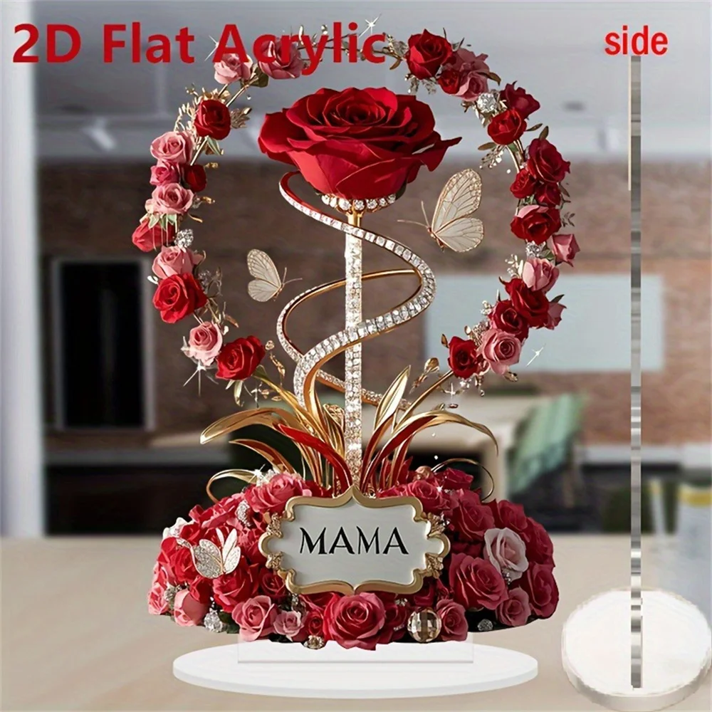 1 Piece 2D Acrylic Ornament Red Rose MOM Pattern with Roses Mother Engraving Mother Elegant Desk Decoration Mother's Day Gift