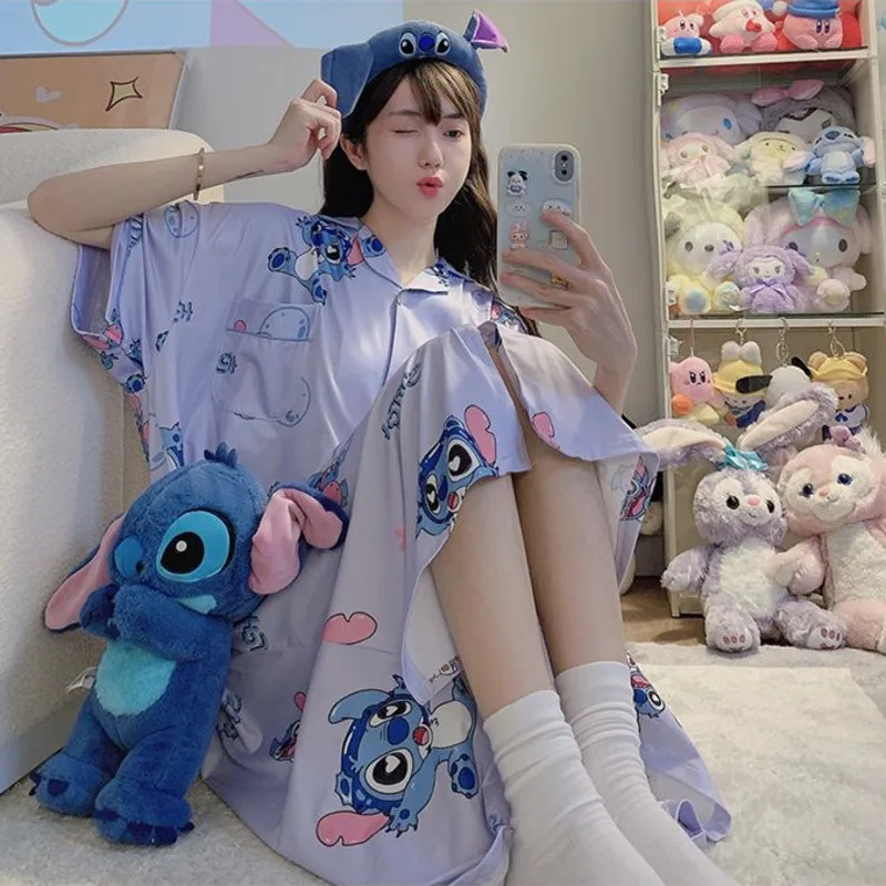 

Disney Stitch Long Knee Length Nightgown Women Summer Thin Cotton Plus Size Loose Sleepwear Korean Style Cute Sweet Trendy Dress