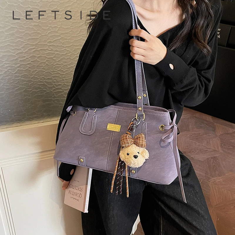 

LEFTSIDE Women's Lavender Tote Bag Teddy Bear Charm Detail Sweet Aesthetic Daily Dating Shopping Shoulder Bag 2026 Handbags