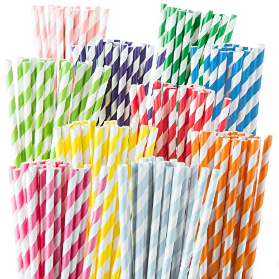 Paper Straws Disposable - 200 Pack - Durable and Non-Soggy Striped Paper Straws for Drinking in 10 Colors - 100% Biodegradable