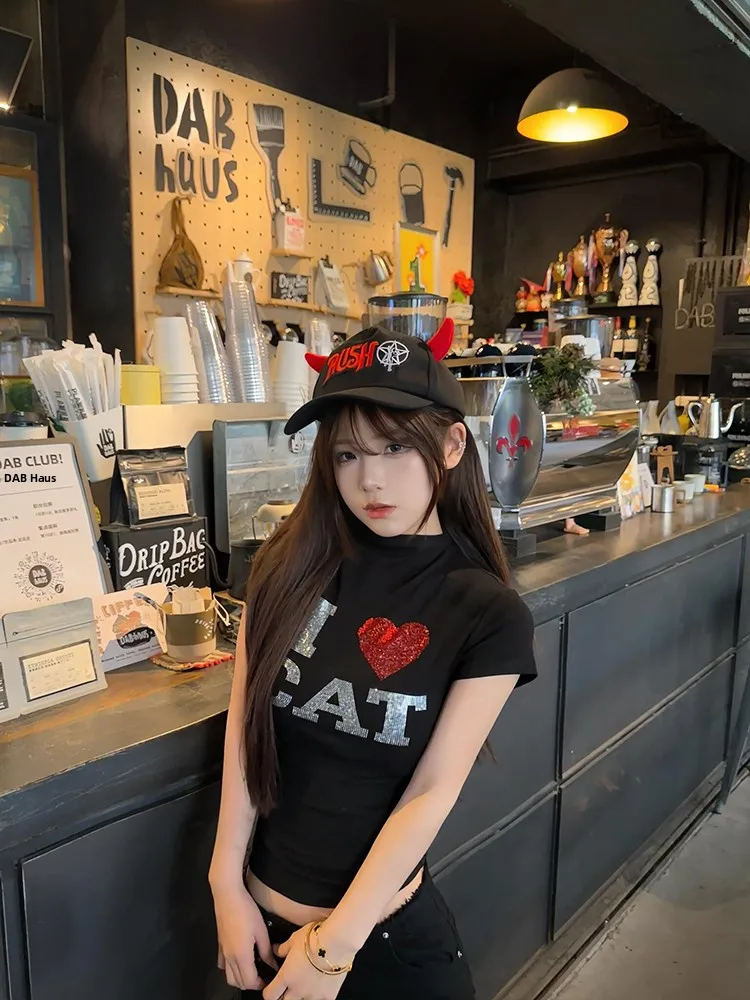 

Summer New Women's Slim Fit ort Sve T-irt Heart aped Rhinestone f High Collar Elastic oulder Pure Desire Top