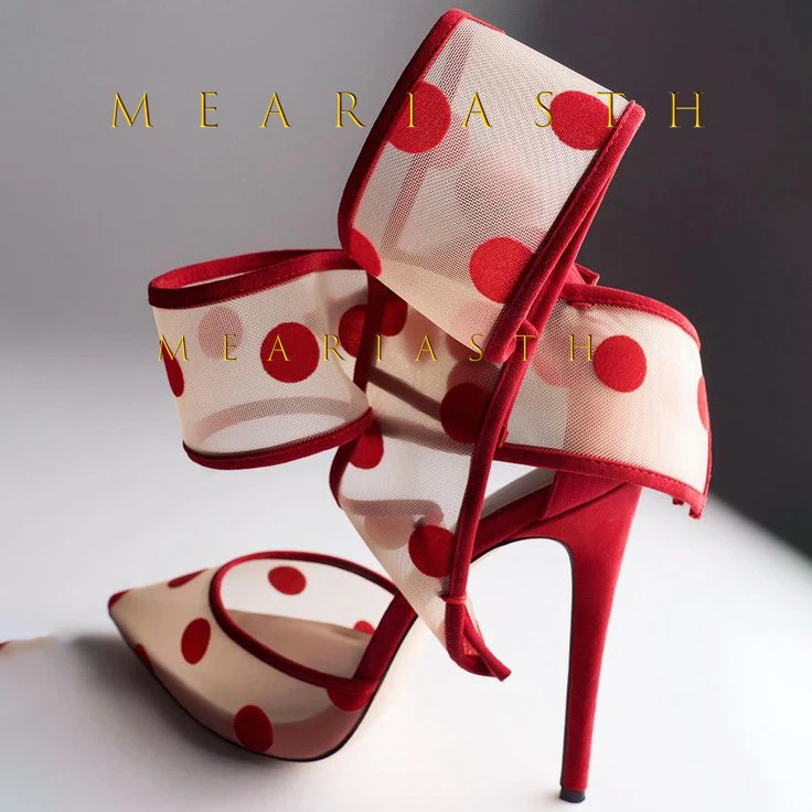 شبكة كبيرة Bowknot مدبب صندل كعب عالٍ المرأة أنيقة البولكا نقطة أنيق خنجر أحذية السيدات تنفس شيك مساء الصنادل #6