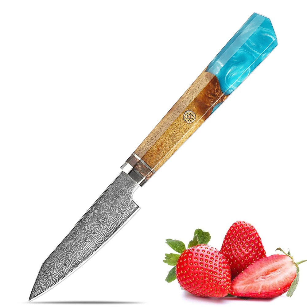 Japanisches Schälmesser aus Damaststahl, 8,9 cm, scharfes professionelles Obstschälmesser zum Schneiden von Fisch, Fleisch, Obst und Steak