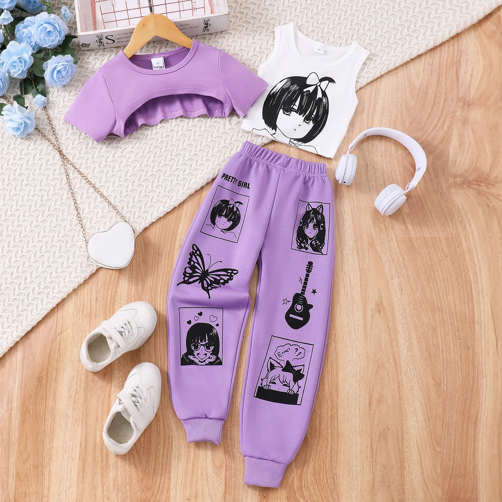 Kids Girls Stretchy Sports Suit Short Sleeve Asymmetrical Hem Crop Top with Anime Printed Vest And Elastic Waistband Sweatpants