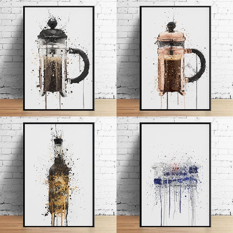 Watercolor Utensil Poster Teacup Coffee Cup Honey Jar Butter Tomato Ketchup Canvas Painting Wall Art Picture Kitchen Home Decor