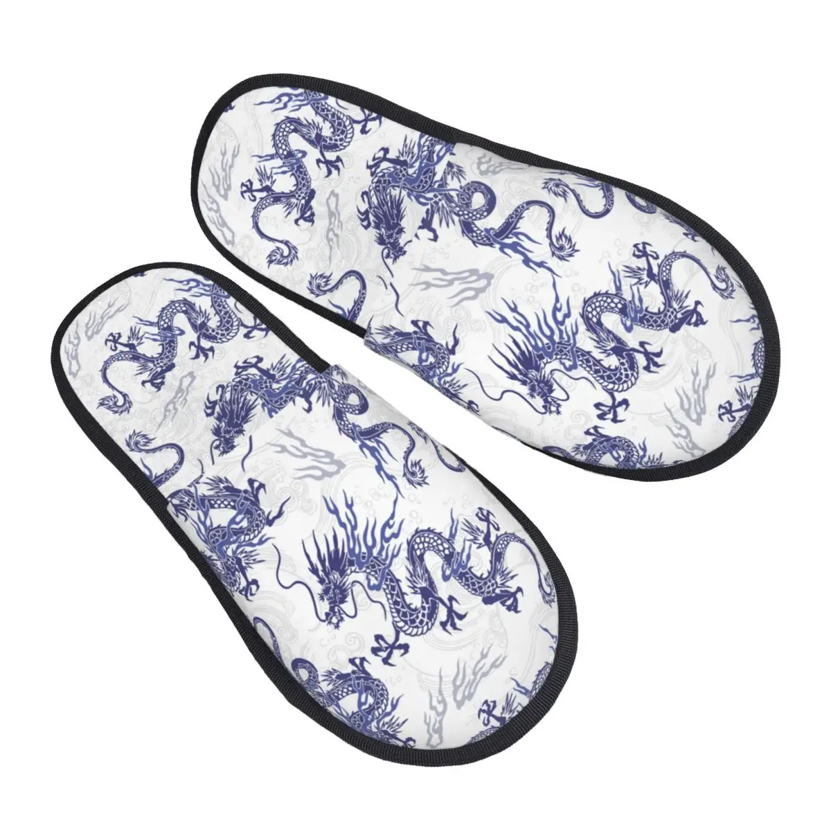 Winter Women Men Non-Slip Flat Slippers Japanese Dragon Pattern Indoor Fur Soft Warm Shoes