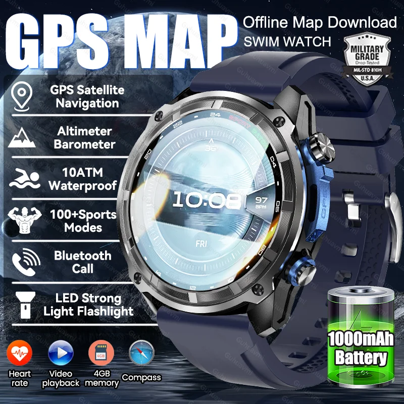 

2025 New Offline GPS Map Smart Watch 1000mAh Battery Heart Rate 4GB Memory 10ATM Waterproof Swim HD Call Men Adult SmartWatch
