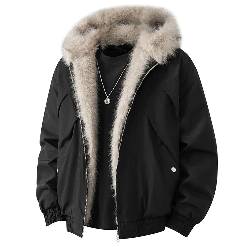 

Men Winter Warm Clothing American Harajuku Warm Jacket Men Women Parkas New Loose Punk Fur Collar Jacket Couple Plush Clothes