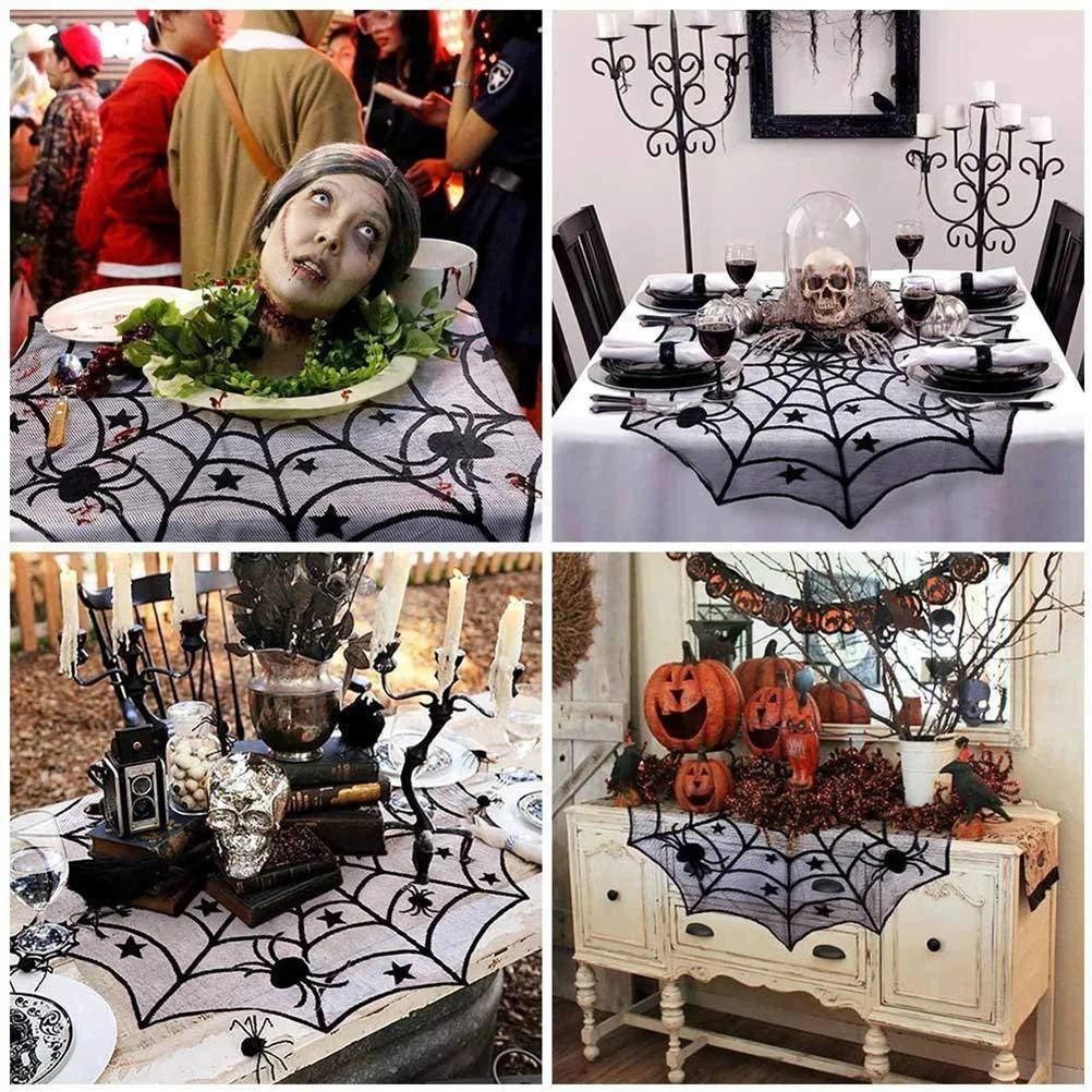 

Black Spider Web Tablecloth Lace Knit Table Topper For Halloween Party Home Coffee Decor Waterproof Stain Resistant Cover