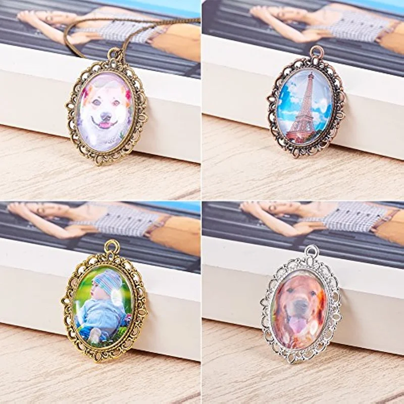 30pcs 5 Color Oval Pendant Trays Bezel 30pcs 25 x 18mm Glass Cabochon Dome Tiles Clear Cameo Memorial Photo Pendant DIY