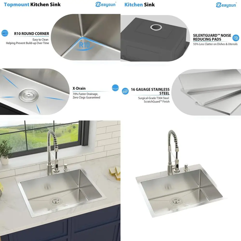 

Large 25x22 Deep Basin Stainless Steel Single Bowl Kitchen Sink, 16 Gauge Topmount