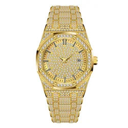 Bling Full Diamond Stones 18K Gold Watch for Men Top Brand Luxury Iced Ice Out Hip Hop Men Wrist Watches Auto Date Wristwatch