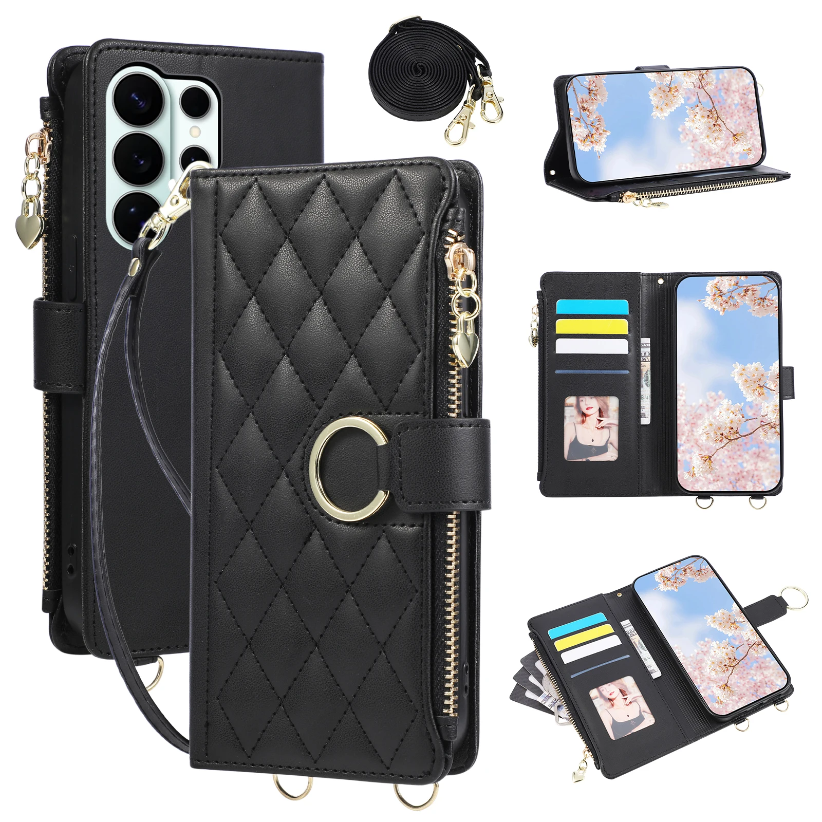 Crossbody-Handgelenkriemen Brieftasche Kartenhalter Handyhülle für Samsung S25 Edge S26 Ultra S24 S23 S22 S21 Plus Flip Leder Standhülle