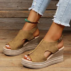 Summer Wedge High Heels Sandals For Women 2024 Peep Toe Platform Sandals Ladies Buckle Strap Non Slip Beach Sandles Mujer