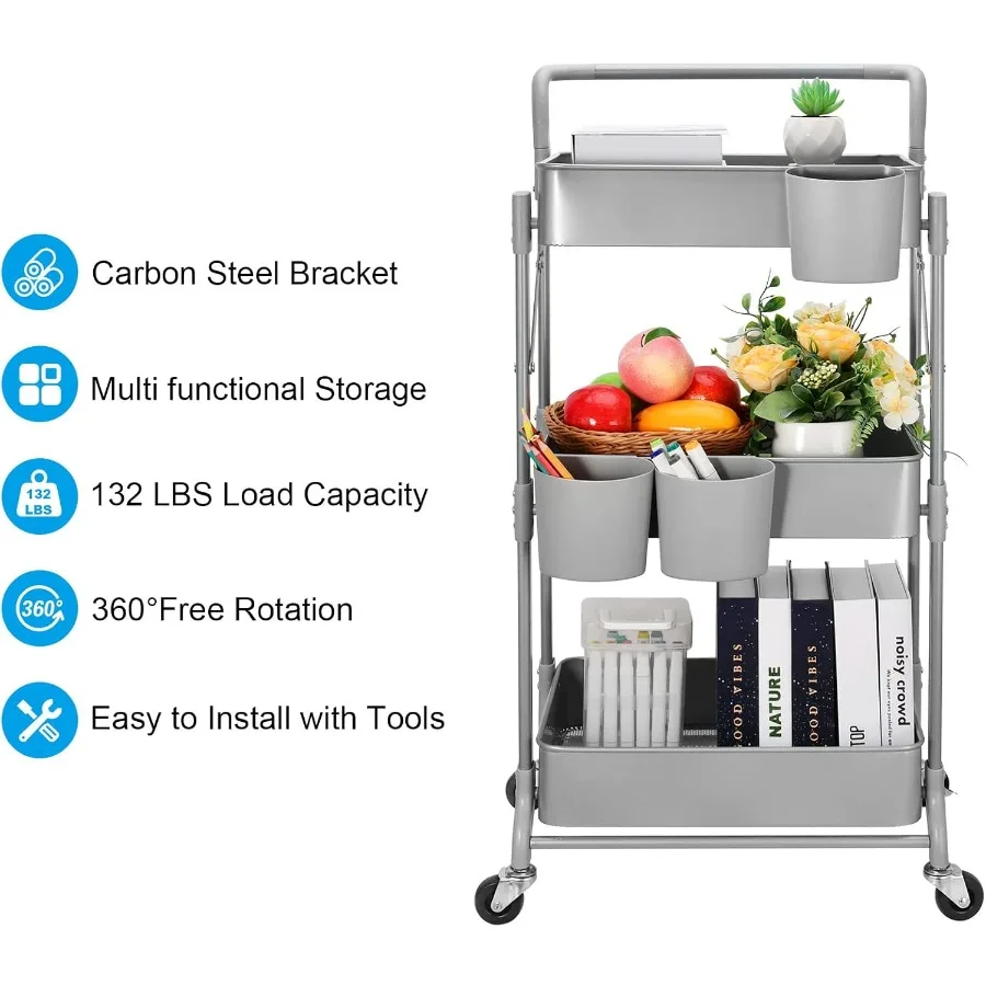 عربة دوارة معدنية قابلة للطي مكونة من 3 طبقات مع وحدة تخزين متعددة الوظائف وتصميم متنقل للمكتب المنزلي والمكتب والمطبخ والسرير