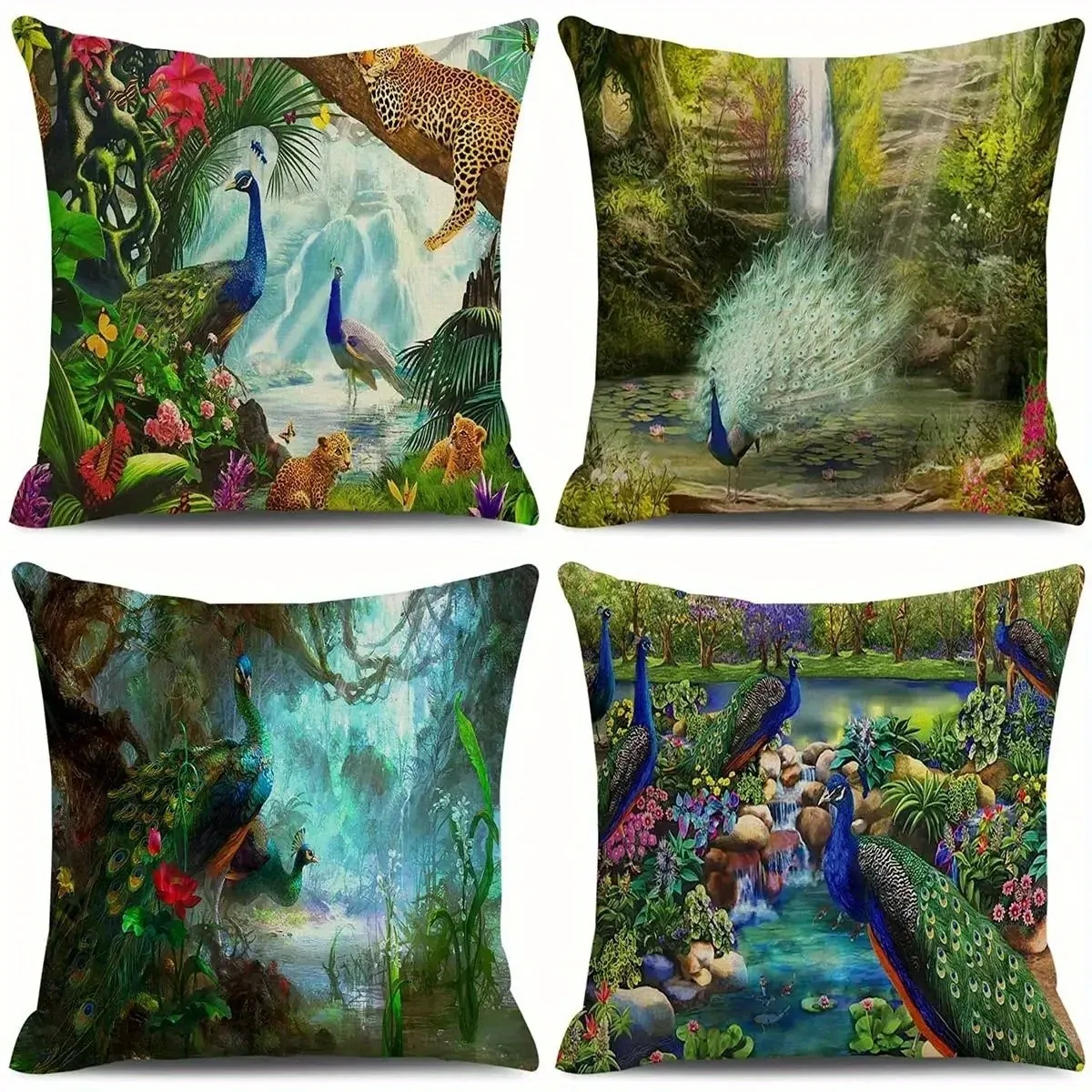 Exotic Jungle: Peacocks, Leopards & Waterfalls Pattern Cushion Cover Suitable For Sofa Bedroom Car Pillow Cover