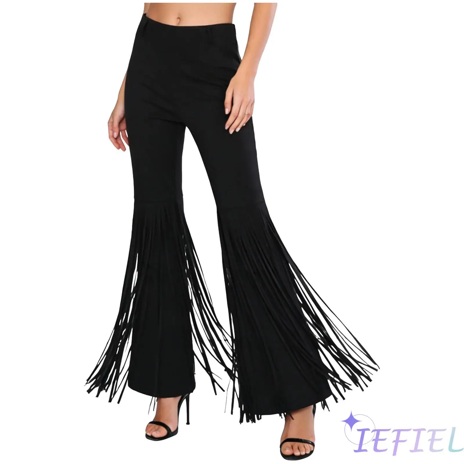 Womens Cowgirl Flared Pants Bell Bottom with Tassel Side Zipper Long Pants Vintage Western Cowgirl Fringed Trousers Clubwear