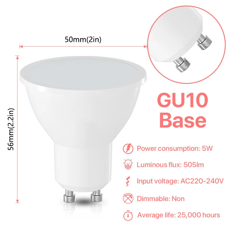 GU10 LED Bulbs 220V Warm White Cool White 5W Eqv to 40W  Non-dimmable Energy Saving Light Bulbs 120° Wide Beam Angle Pack of 6