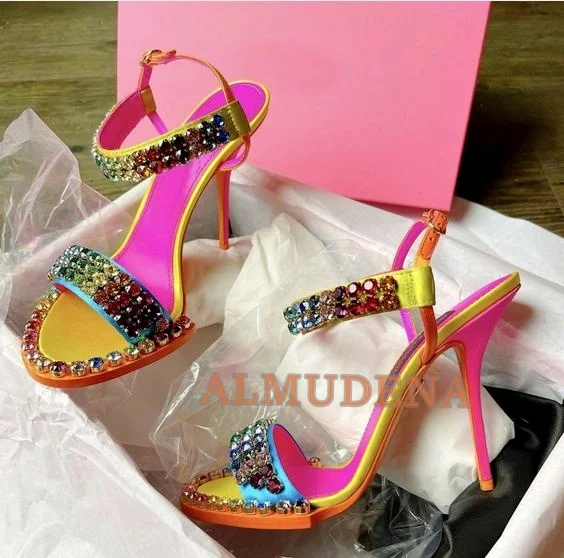 

Colorful Rhinestones Satin High Heeled Sandals Women Luxury Design Open Toe Gem Crystal Heels Stilettos Strappy Shoes 2022 Fall