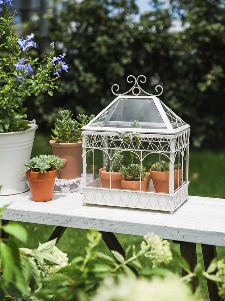 

French White Metal Glass Terrarium Plant Cage Greenhouse