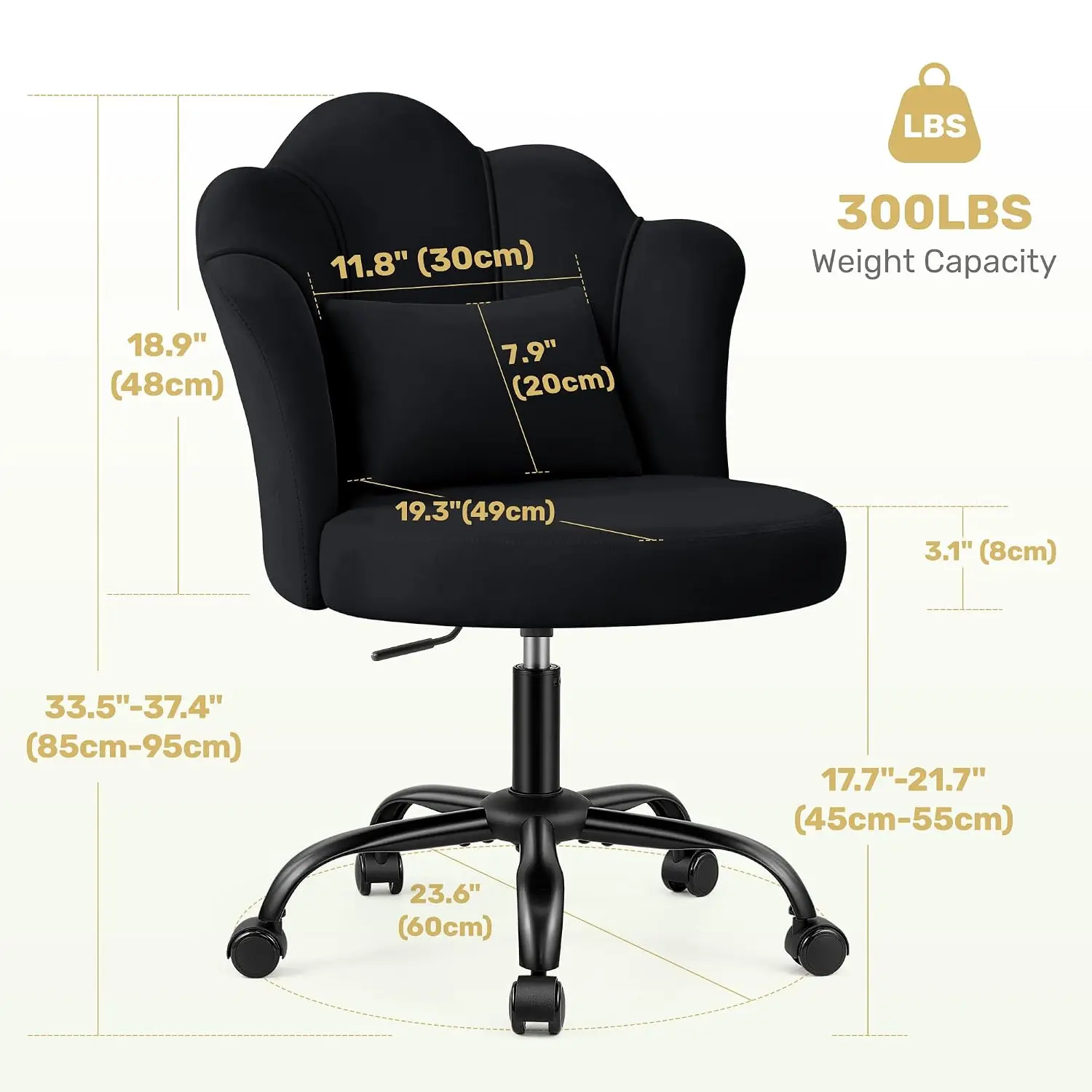 Black Vanity Chair with Wheels, Petal Velvet Armless Desk Chair