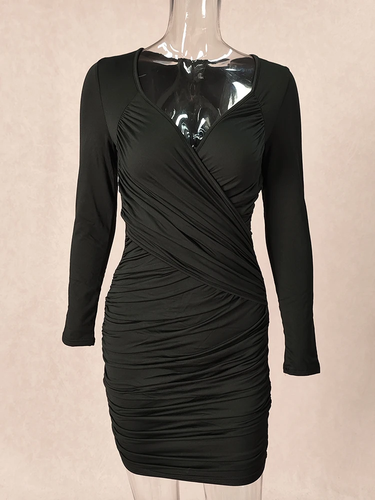 Sexy Women\'s Tight Evening Dress Black Long-sleeved V-neck Dress With Hip Wrap Fashionable Elegant Bodycon Club Dress