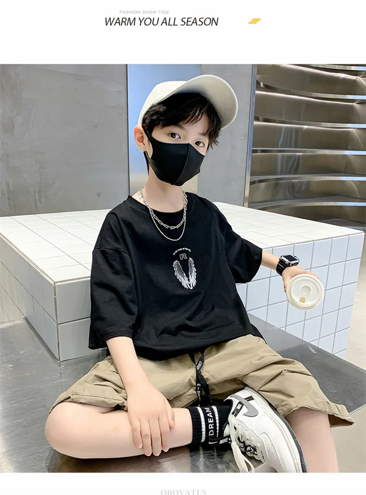 Neues Modisches Tween-Jungen-Sommer-T-Shirt mit Flügeln auf dem Rücken Kinder Teenager Kurzarm-T-Shirt Outfit Kinder Casual Streetwear Top – Detail 8