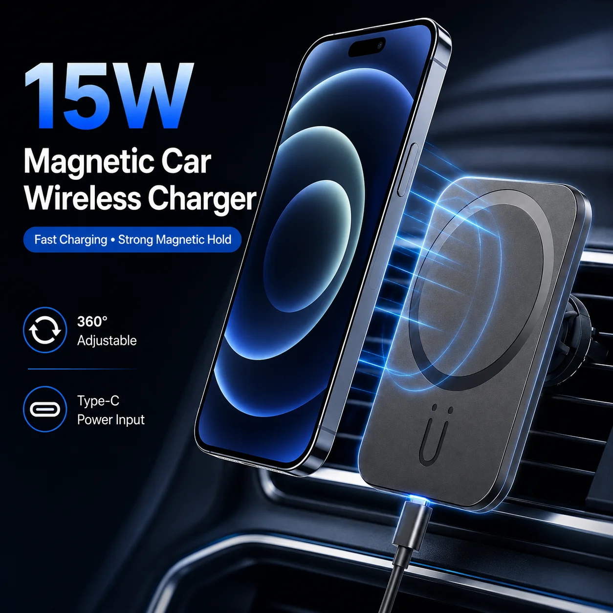 15W Magnetic Car Wireless Charger Fast Charging Air Vent Mount Strong Magnet for iPhone 12 to 17, Samsung and Xiaomi Phones