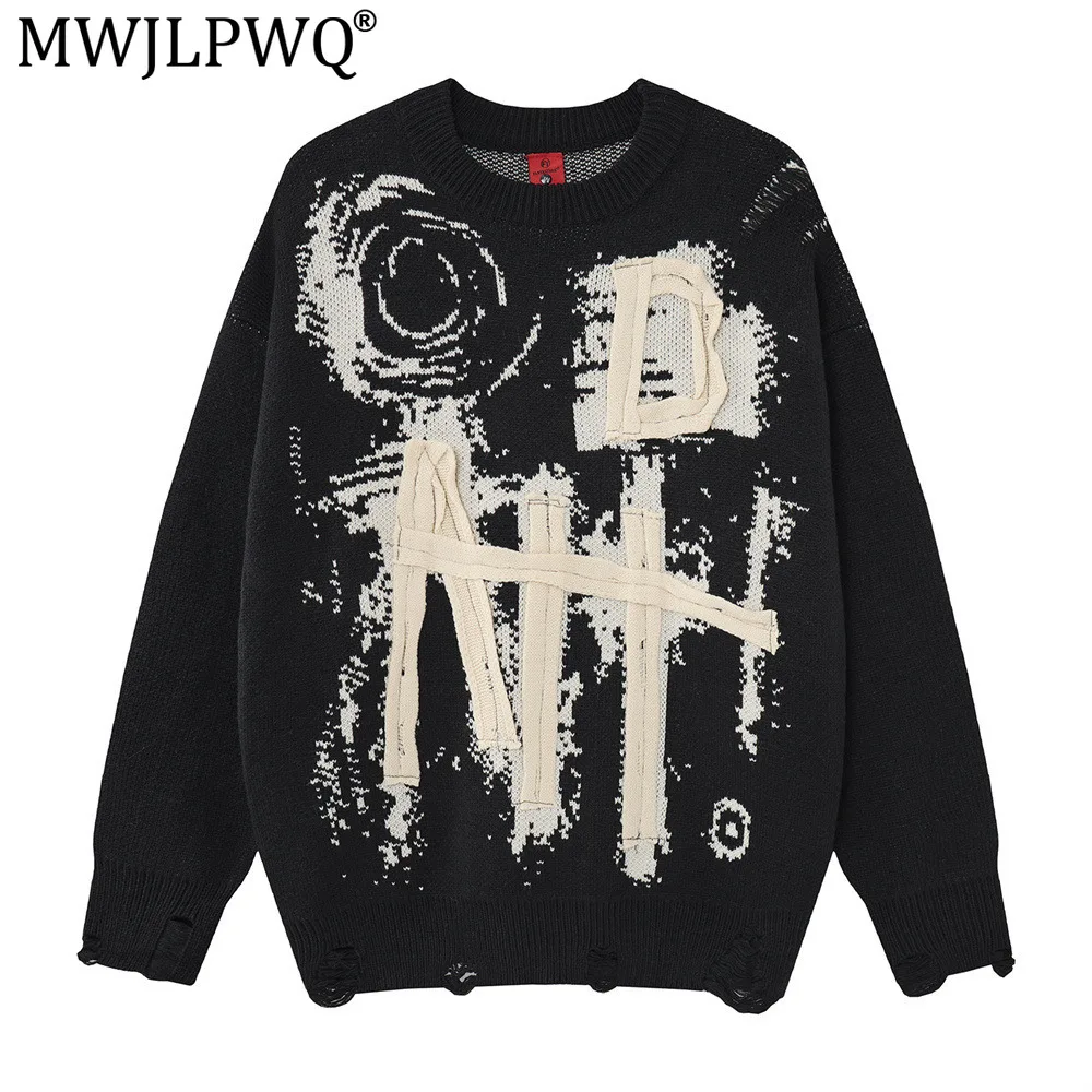 MWJLPWQ Round Neck Men's Knitted Sweater Woven Letter Pattern Casual Style Loose Fit Distressed Long Sleeves Tops Trendy 21212