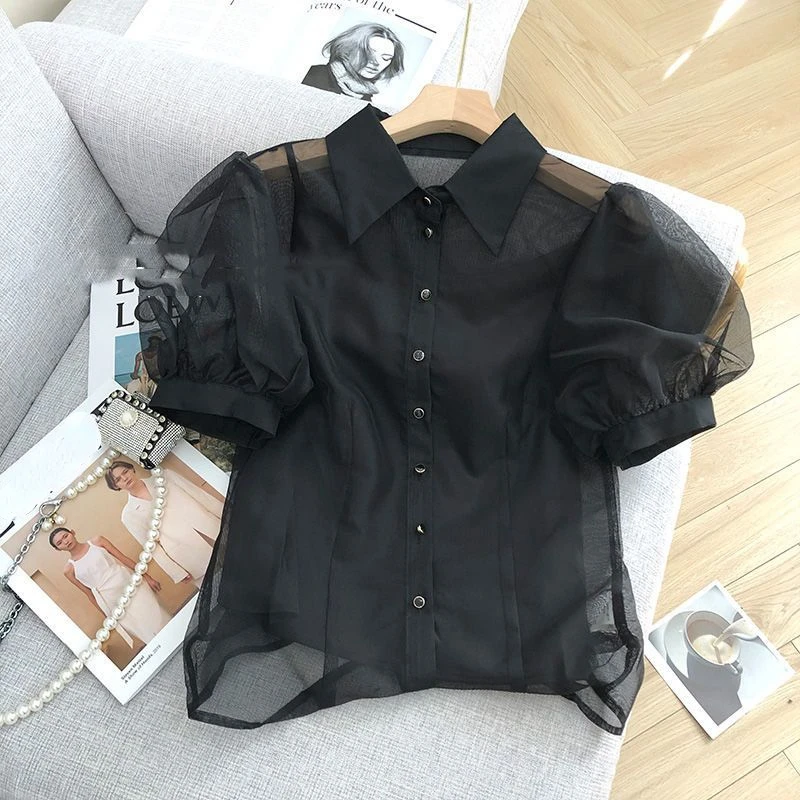 Blouse Women Black Transparent Mesh Short Sleeved Shirt Blusas Mujer De Moda 2024 Vintage Loose Top Chemise Femme Y2k Shirts