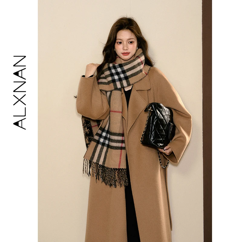 ALXNAN Women's Belted Long Wool Coat Minimal Elegant Camel Lapel Collar Self Tie Wais Outerwear Warm Fall Winter Overcoat L58160