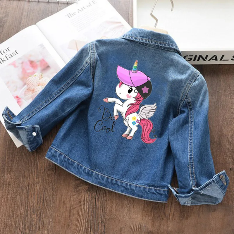 Primavera autunno ragazze giacca di jeans moda cartone animato unicorno giacca a vento per 2-8 anni cotone abbigliamento per bambini capispalla per