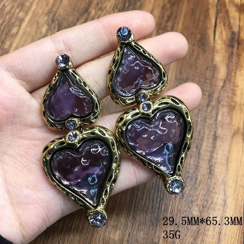 Medieval vintage diamond-encrusted purple love resin necklace and earrings simple personalized jewelry
