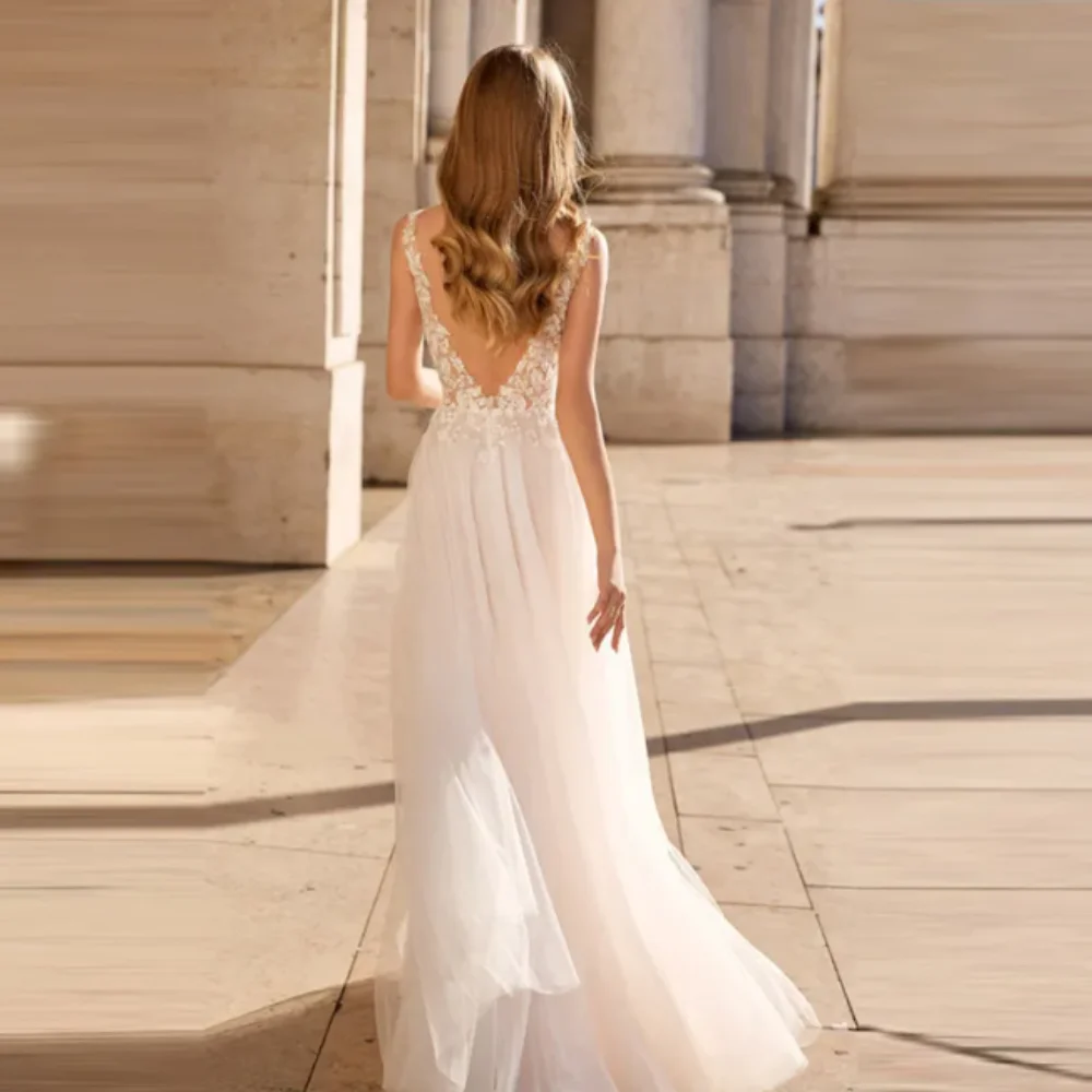 Vestido de novia de tul con espalda descubierta para mujer, traje Sexy de encaje con escote en V profundo, color blanco, 2024