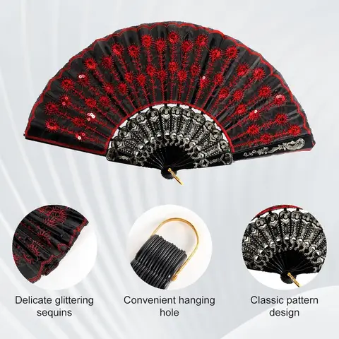 सेक्विन फैब्रिक फोल्डिंग हैंडहेल्ड हैंड फैन 2 पीस कढ़ाई फूल पैटर्न काले और लाल फीता चीनी हैंडल-क्राफ्टेड प्रशंसकों 1920 के दशक के लिए 10 best sales काला पंखा - №1