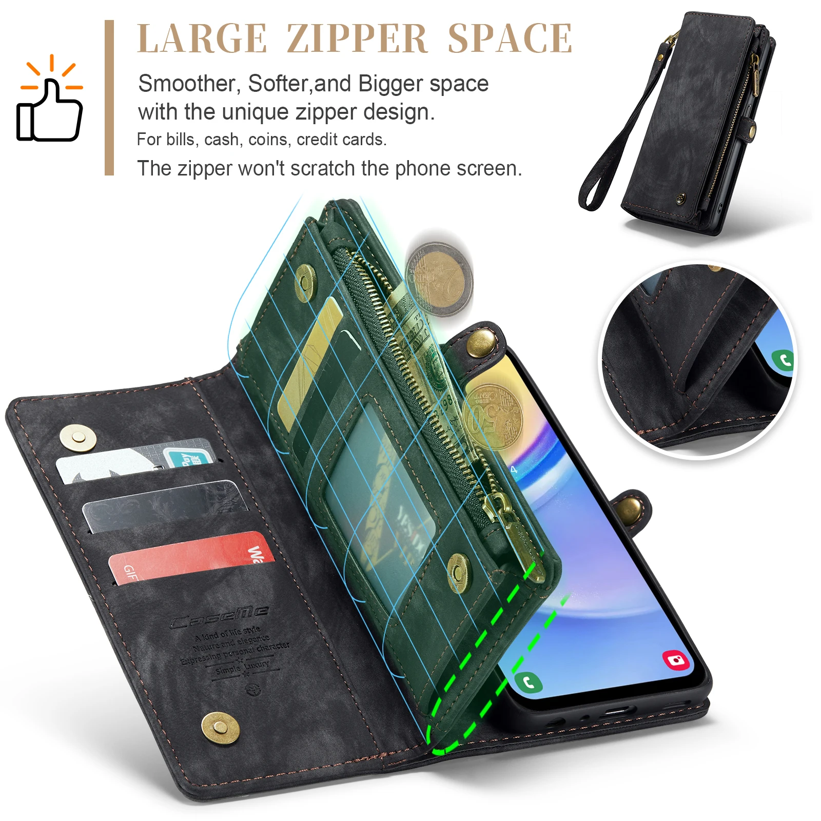 Carteira de couro para Samsung Galaxy A15, proteção retro luxuosa, tampa do telefone comercial