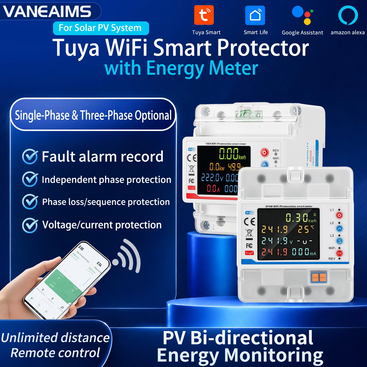 Tuya WiFi Smart Life 100A Single Three Phase Over Under Voltage Current Protector Relay Bidirectional Energy kWh Meter DIN Rail