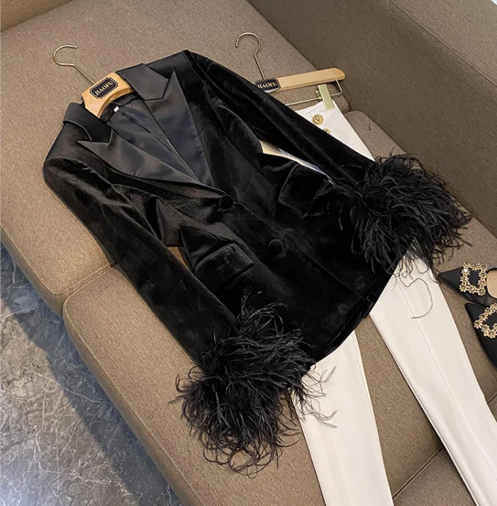 High Quality Lady Office Velvet Coat Stylish Feather Cuff Single-breasted Long Sleeve Women Slim Cutting Blazer
