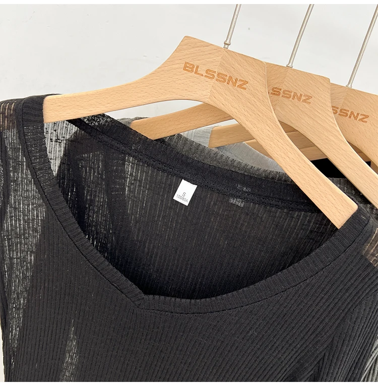 Zjaiss Damen T-Shirt mit V-Ausschnitt, Sonnenschutz, Langarm, Sommer 2026, Neuer Lazy-Style, Transparentes, Dünnes, Durchsichtiges Überwurf-Top – Detail 32