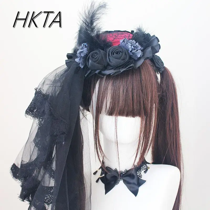 

Spring and Summer Lolita Halloween Headwear Feather Flower Lace Women Hair Accessories Burgundy Top Hat Girl Headpieces Hats