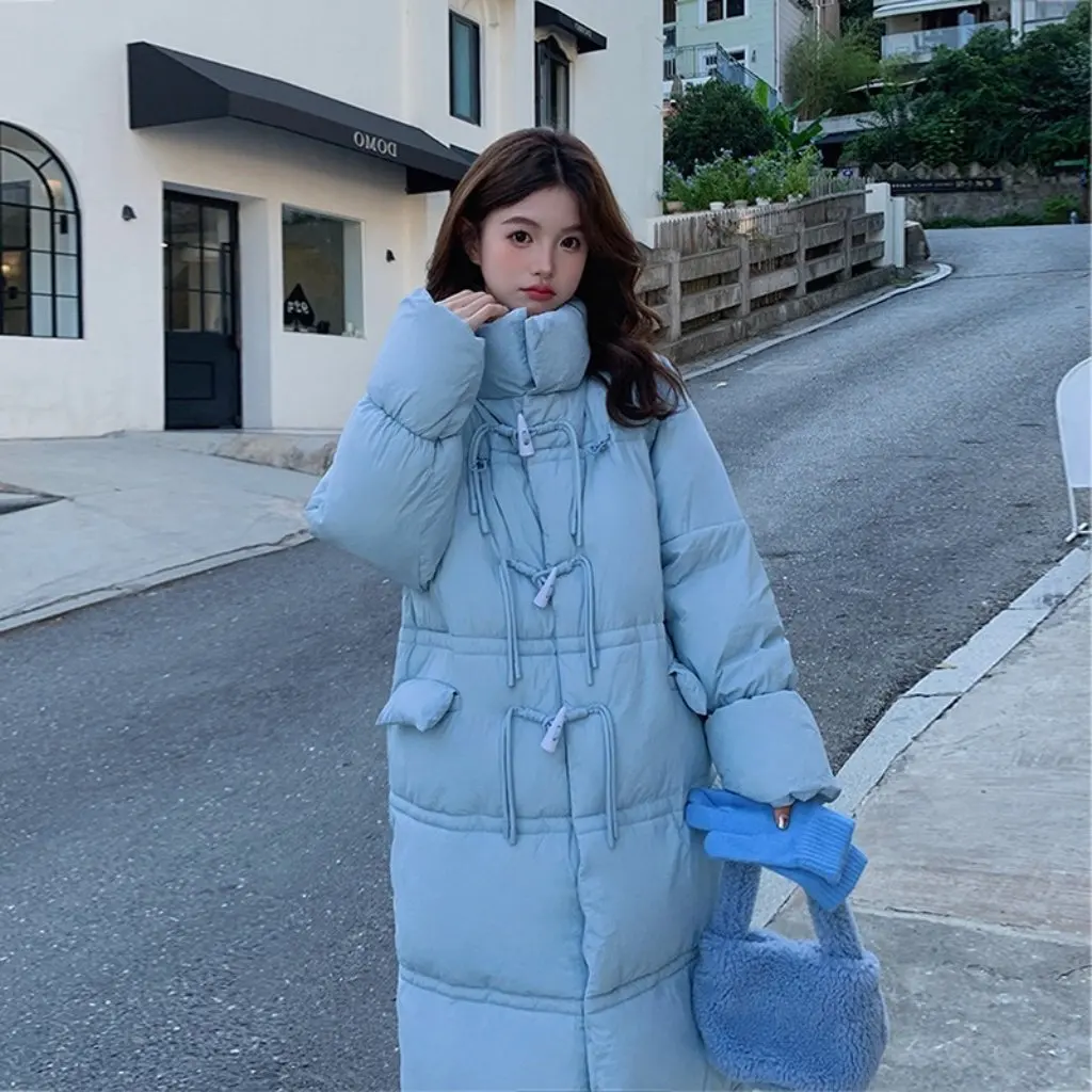

Women's Mid-Length down Cotton-Padded Coat Winter Loose Fit Thickened with Horns Buckle Trendy Outerwear