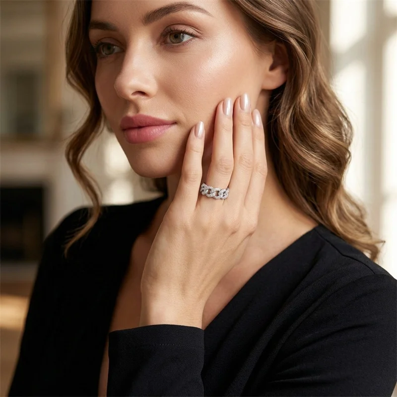 ZFSILVER Fashion Classic Trendy High Quality 925 Silver Full Moissanite Hollow Chain Ring Charms Women Jewelry Party Gift R17041