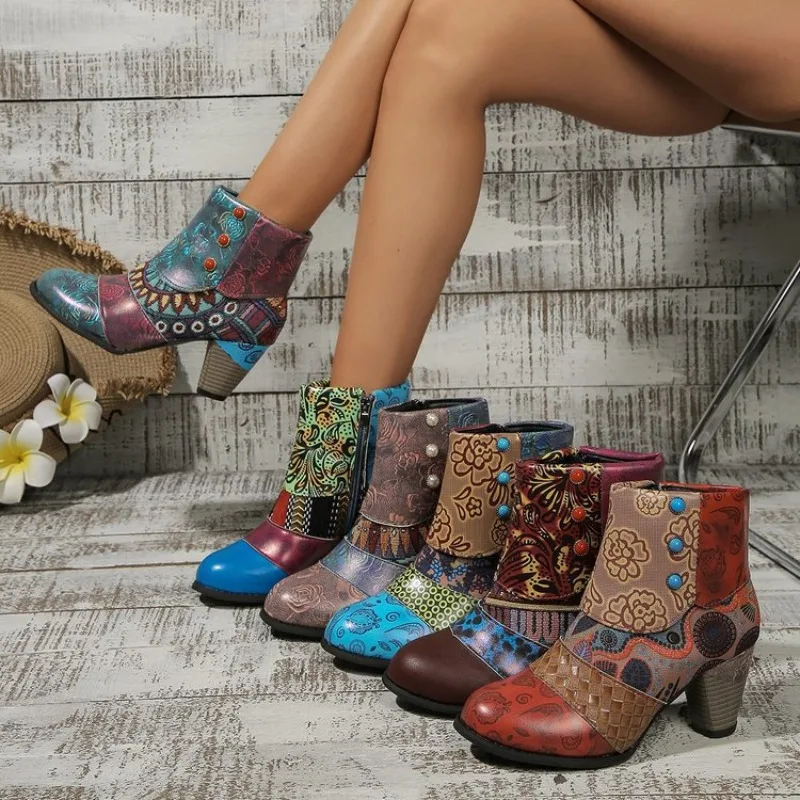 

Women Boots Fashion Printed Design Ankle Boots Retro Ethnic Style Casual Short Boots for Women High Quality Leisure Leather Boot