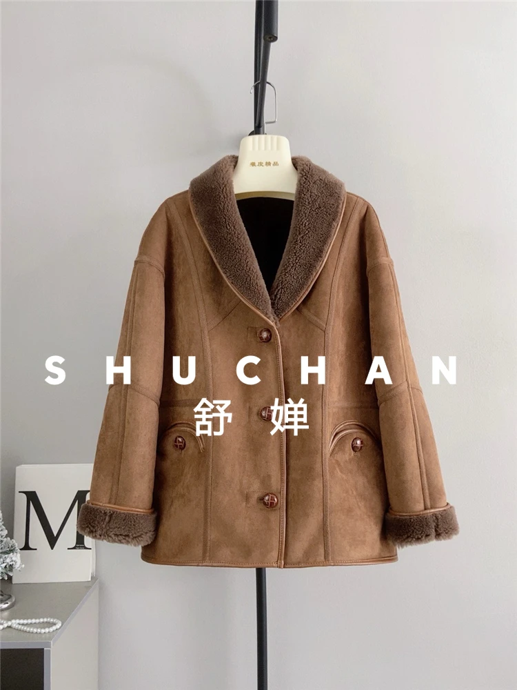 เสื้อโค้ทขนสัตว์แท้ 100% สำหรับผู้หญิง สไตล์เรโทรใหม่ แจ็คเก็ตทรงรถไฟ ขนแกะ เสื้อโค้ทขนสัตว์สำหรับผู้หญิง เสื้อโค้ทฤดูหนาวสำหรับผู้หญิง