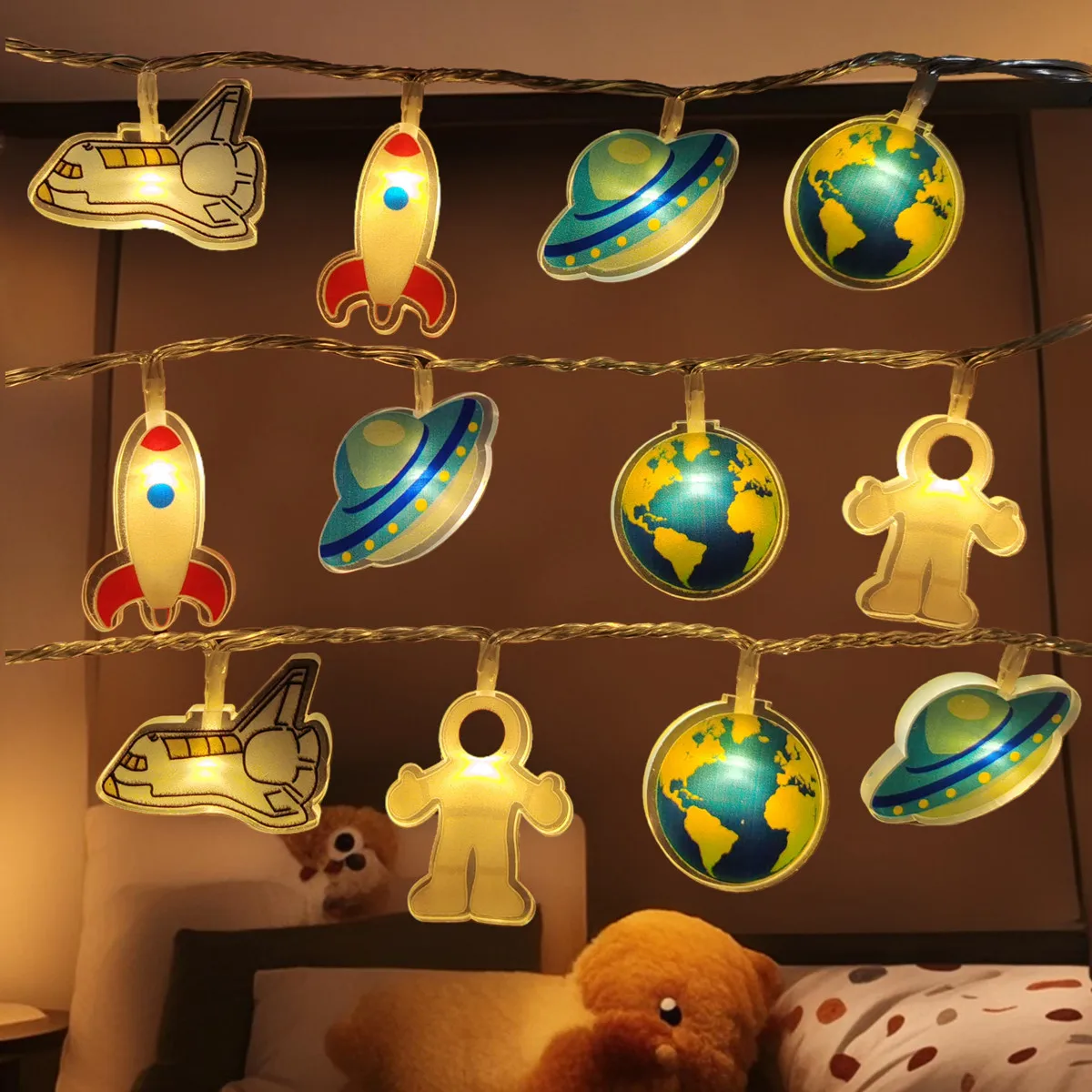Space Astronaut Planet Rocket UFO LED String Lights Kids Bedroom Decor Cartoon Fairy Lamp Gift
